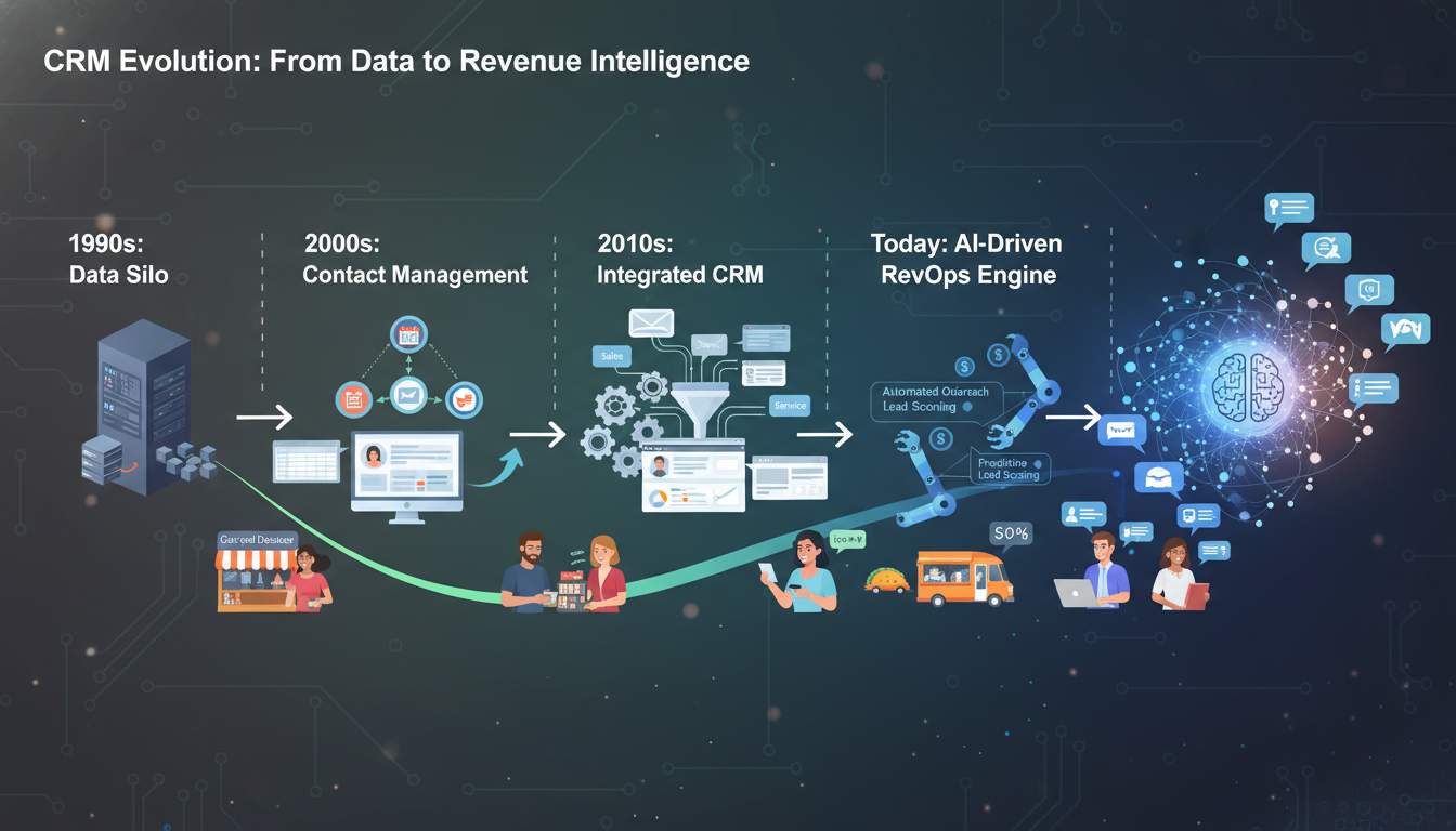 An illustrative image depicting the evolution of CRM software from simple data storage to an AI-driven revenue operations engine. Show a timeline or a visual metaphor with elements of data analytics, automation, lead scoring, and personalized communication, representing diverse small businesses benefiting from these advancements. The visual should convey a sense of progress and sophistication.