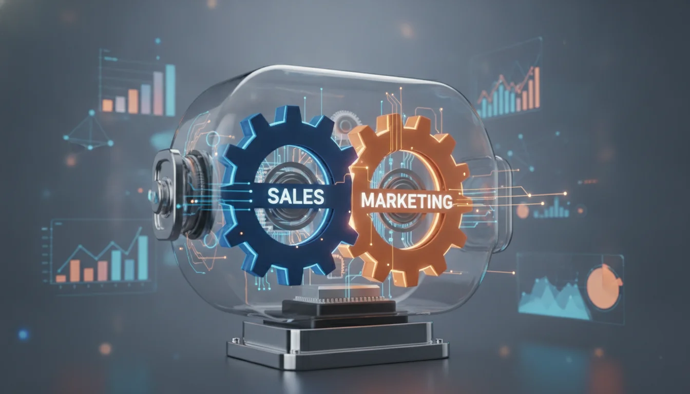 A professional digital illustration showing two gears interlocking—one blue for Sales and one orange for Marketing—inside a transparent engine casing, symbolizing a unified revenue machine. Minimalist, modern corporate style with glowing data visualizations and bar charts in the background.