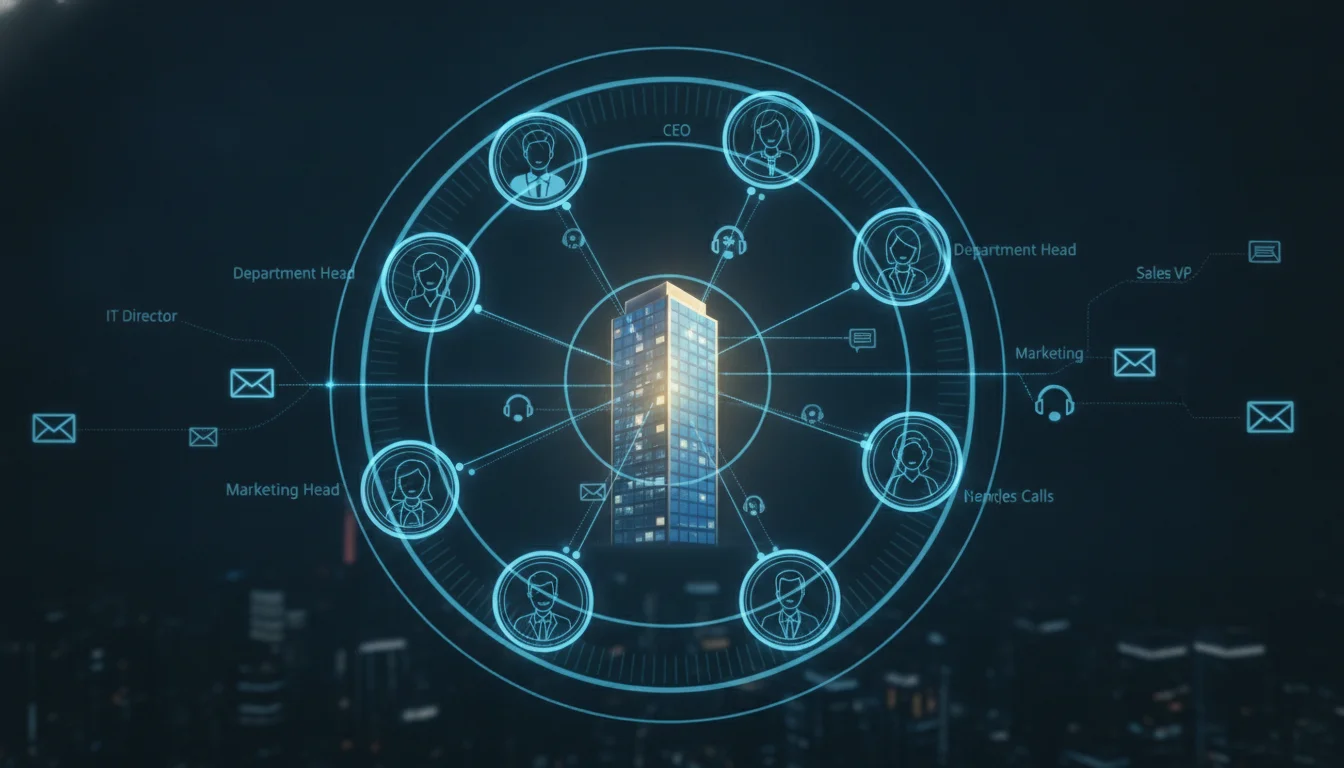A conceptual digital illustration of an Account-Based Marketing strategy. A digital radar screen focuses on a single corporate building. Surrounding the building are profile icons of various department heads connected by a web of light. Icons representing marketing emails and sales calls are shown converging on the target account. Professional, clean, and strategic aesthetic.