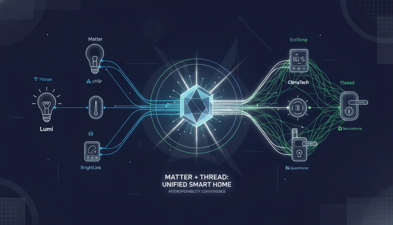 An abstract illustration depicting the Matter and Thread protocols creating a unified smart home network. Various smart home devices (lights, thermostats, locks) from different brands are seamlessly connected, with data flowing through a central smart hub, representing interoperability and convergence. Clean, high-tech aesthetic with subtle glowing lines.