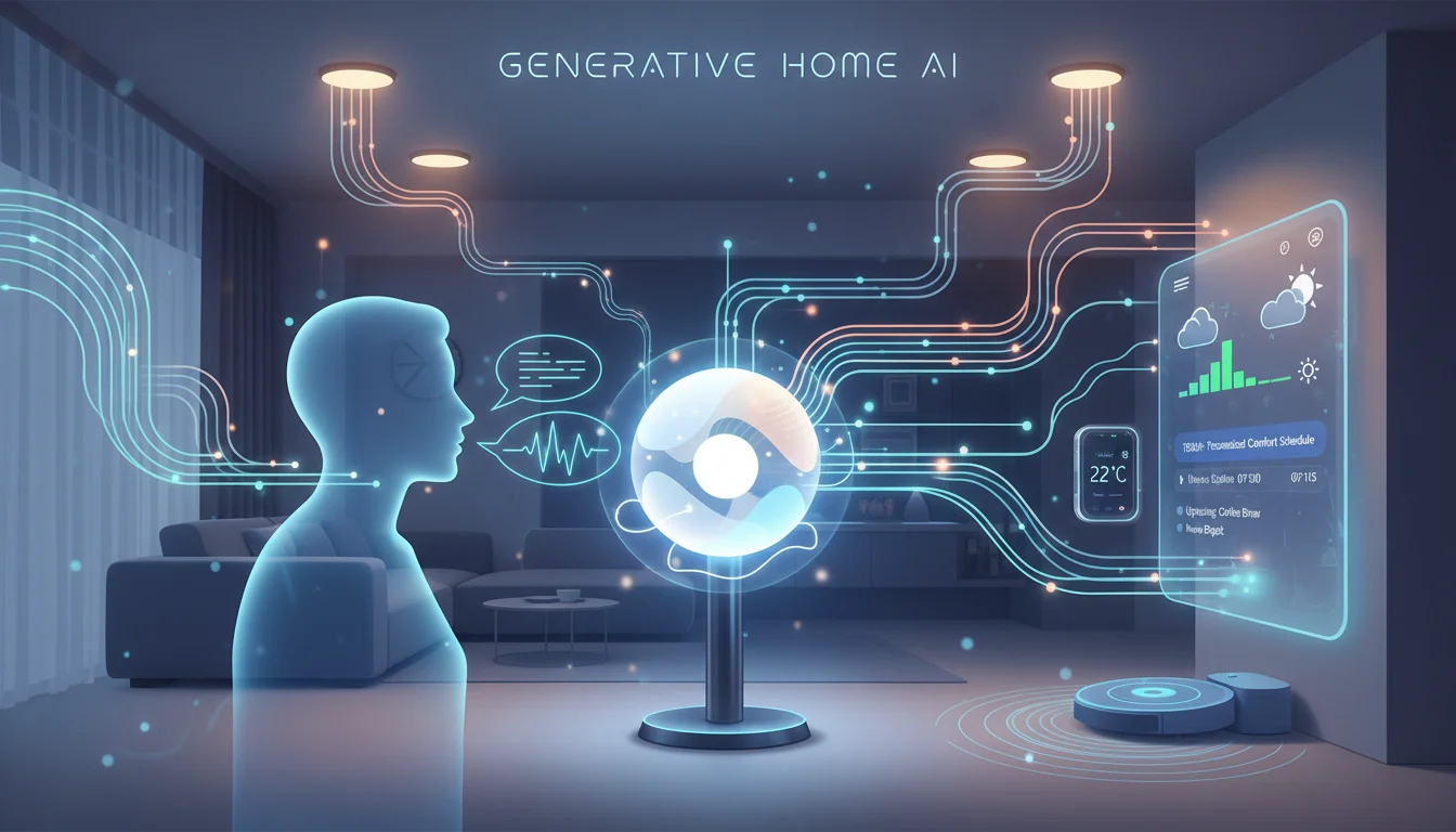 A stylized image illustrating generative AI in a smart home context. A person is speaking naturally to a smart hub (represented abstractly), and the AI's understanding is visualized as intelligent, adaptive responses controlling various smart devices in the background (e.g., dimming lights, adjusting temperature, displaying information). Emphasize seamless, intuitive interaction and predictive automation.