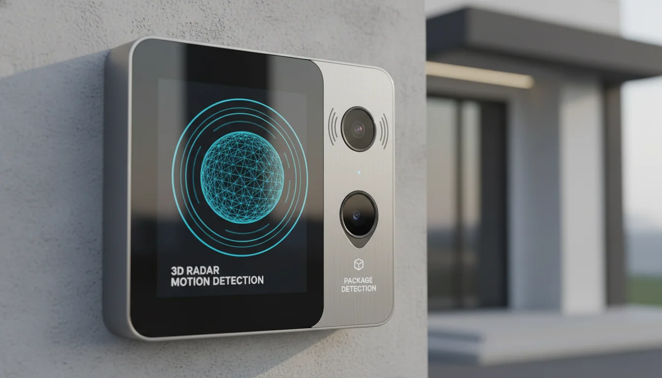A sleek, modern smart video doorbell showcasing key technical features: on one side, a subtle digital overlay indicating 3D radar motion detection, and on the other, a visual representation of a dual-camera system with a wide-angle lens and a downward-facing lens for package detection. Focus on advanced tech and clean design.