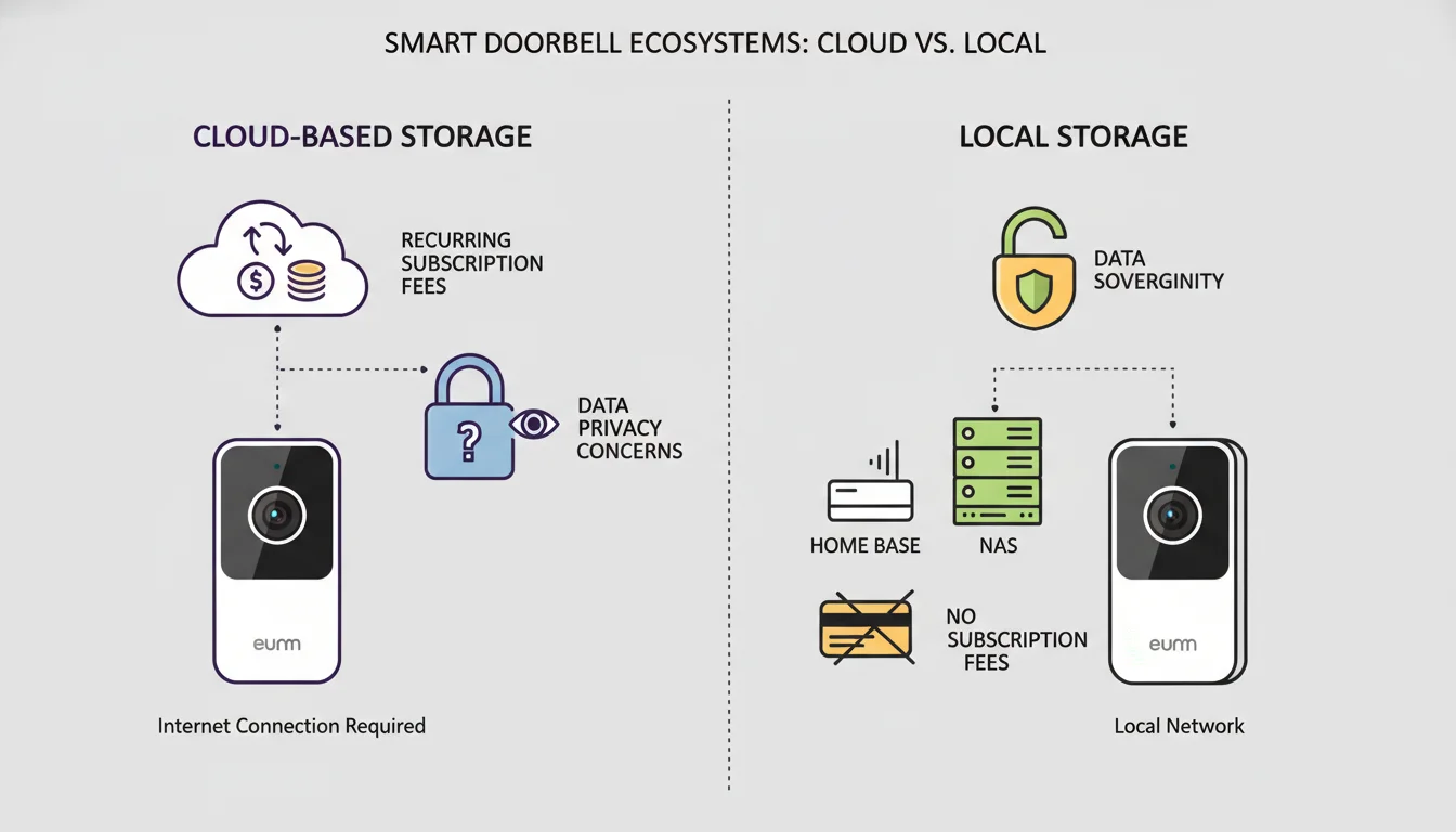 An infographic contrasting cloud-based vs. local storage smart doorbell ecosystems. One side depicts a doorbell connected via cloud to servers with recurring subscription icons and a lock symbol (data privacy concerns). The other side shows a doorbell connected to a physical home base or NAS with no subscription fees and an unlocked padlock (data sovereignty). Use clean, illustrative icons.