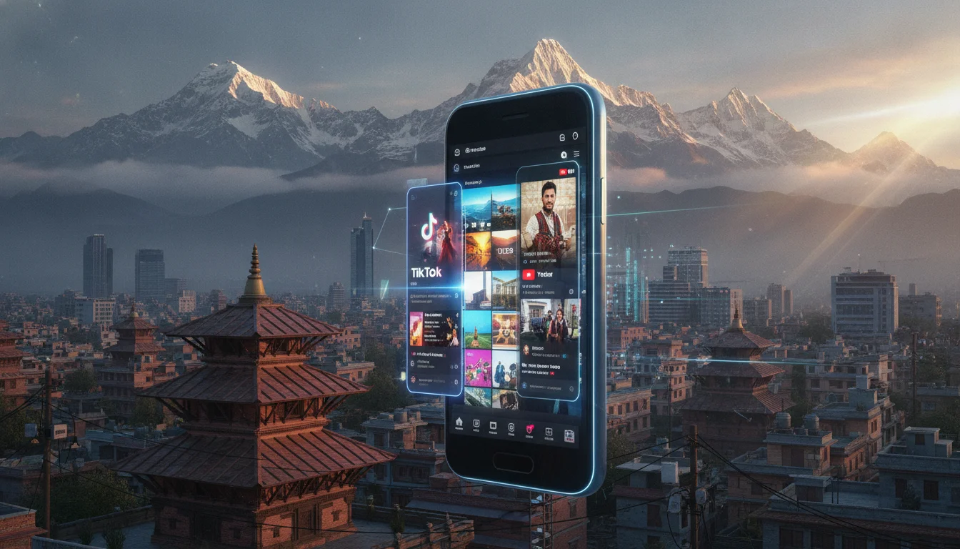 A high-tech digital montage of a modern smartphone showing vibrant social media interfaces of TikTok, Instagram, and YouTube, set against a backdrop of a bustling Kathmandu cityscape and the Himalayan mountains, cinematic lighting, 3D render style, 8k resolution, symbolizing the intersection of traditional Nepal and modern digital technology.