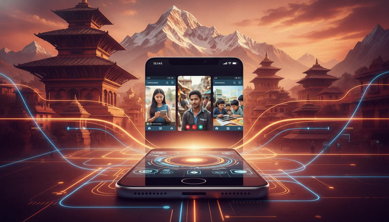 A professional digital illustration showing a modern smartphone in the foreground displaying three vertical video interfaces. The background features a stylized blend of Kathmandu's urban architecture and the Himalayan peaks, connected by glowing digital data streams to represent Nepal's mobile-first connectivity. Vibrant, high-tech aesthetic with a warm color palette.