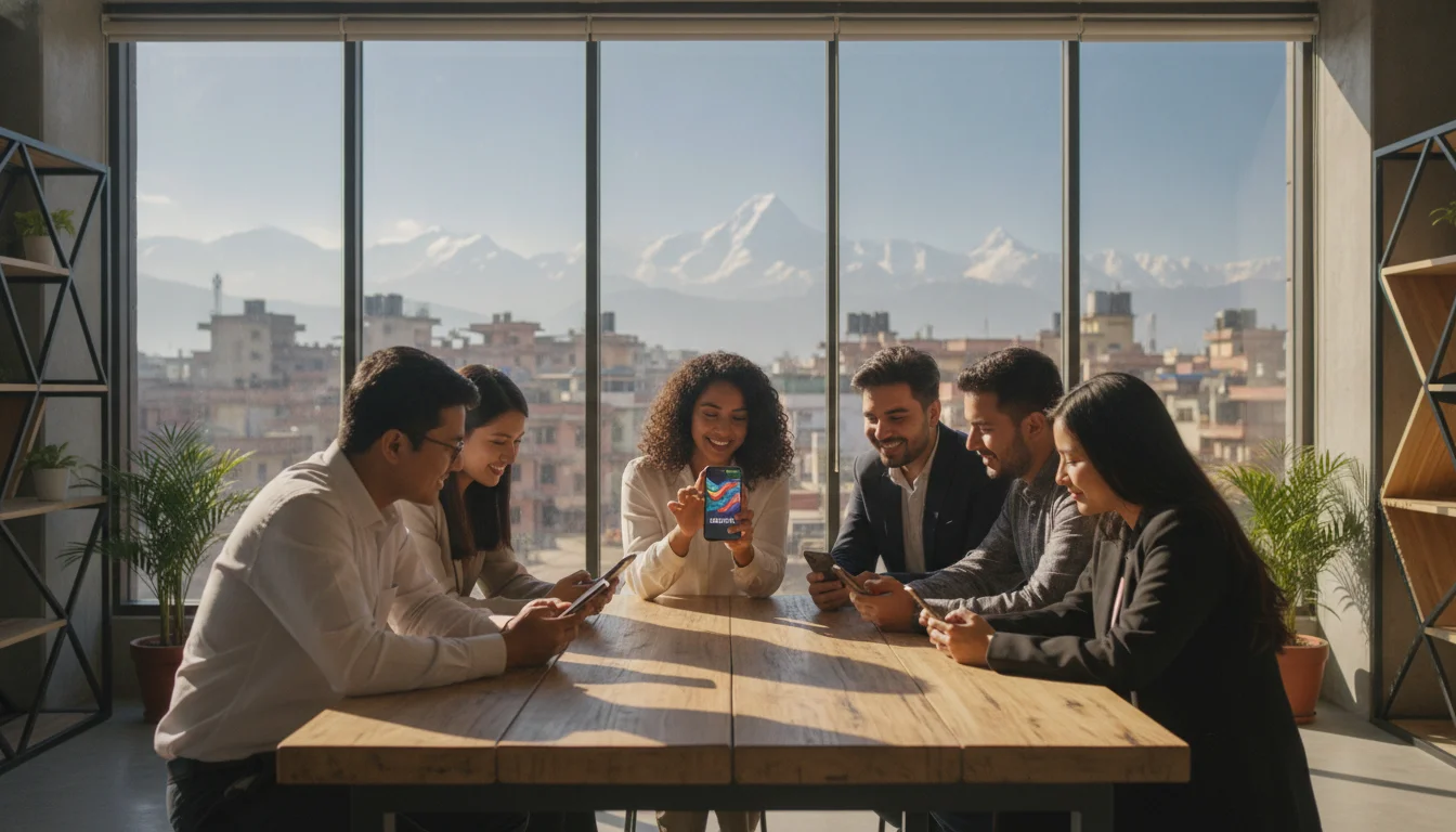 A vibrant, high-resolution photograph of a diverse group of young Nepali professionals in a sunlit Kathmandu coworking space, all engaged with their smartphones. One person is showing a vertical video on their screen to others. Large windows in the background reveal the cityscape and a glimpse of the Himalayas. The scene captures the energy of Nepal's youthful, connected demographic.