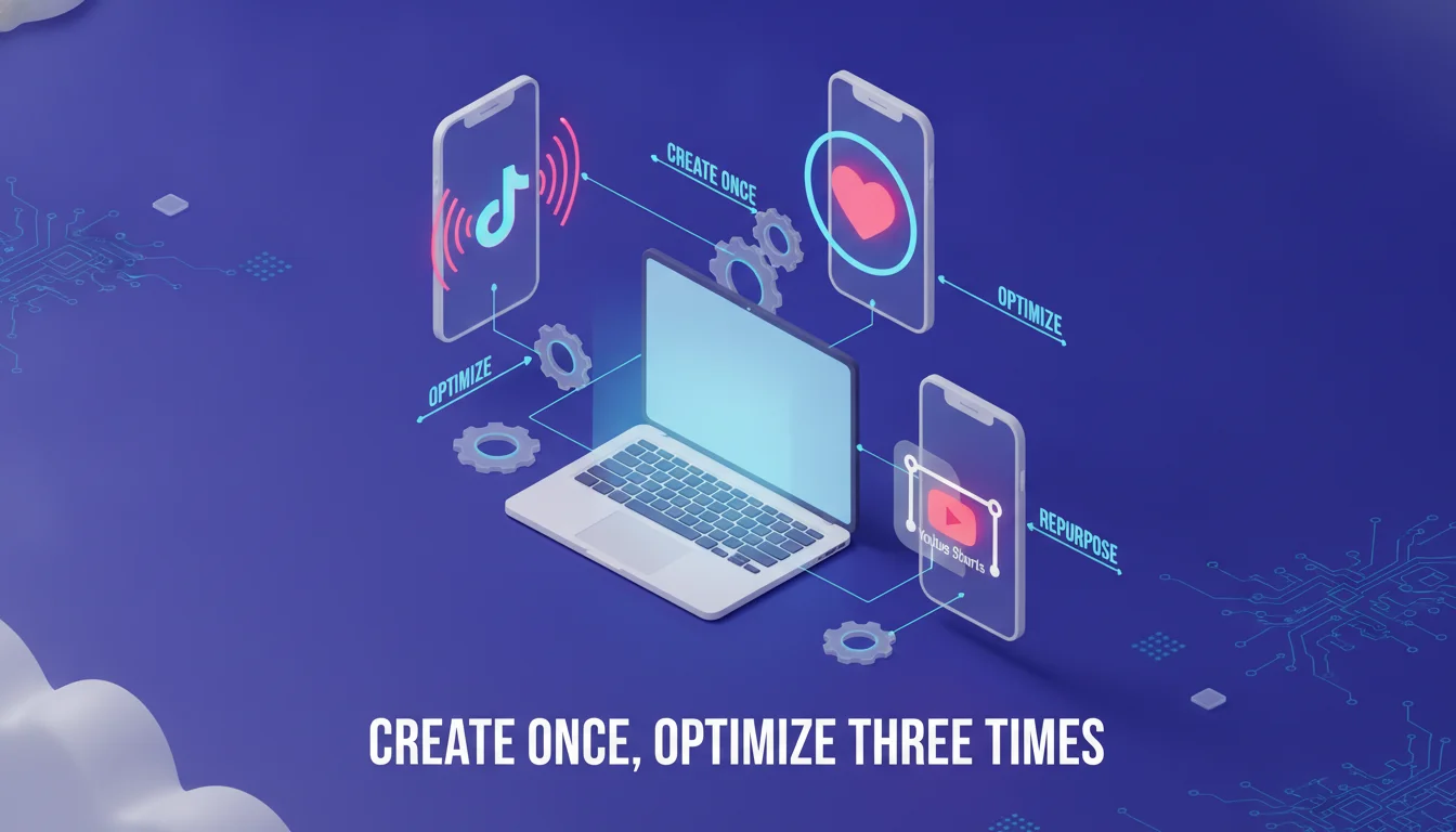 A creative 3D isometric illustration of a digital workspace. Centered is a laptop surrounded by three floating smartphone screens, each displaying a different social media interface: TikTok with a music wave icon, Instagram with a heart icon, and YouTube Shorts with a play button. Digital gears and data lines connect them, symbolizing the 'Create Once, Optimize Three Times' content repurposing strategy.