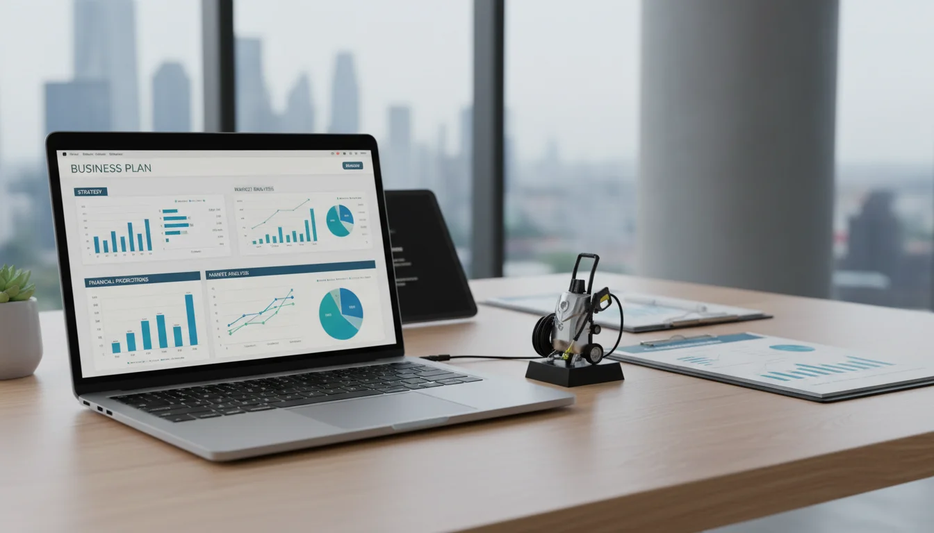 A clean, modern office desk with a laptop displaying a business plan and financial charts, alongside a small model of pressure washing equipment, representing the strategic planning and initial investment for a modern service business. Emphasize a professional, organized aesthetic with financial documents and a subtle hint of technology.
