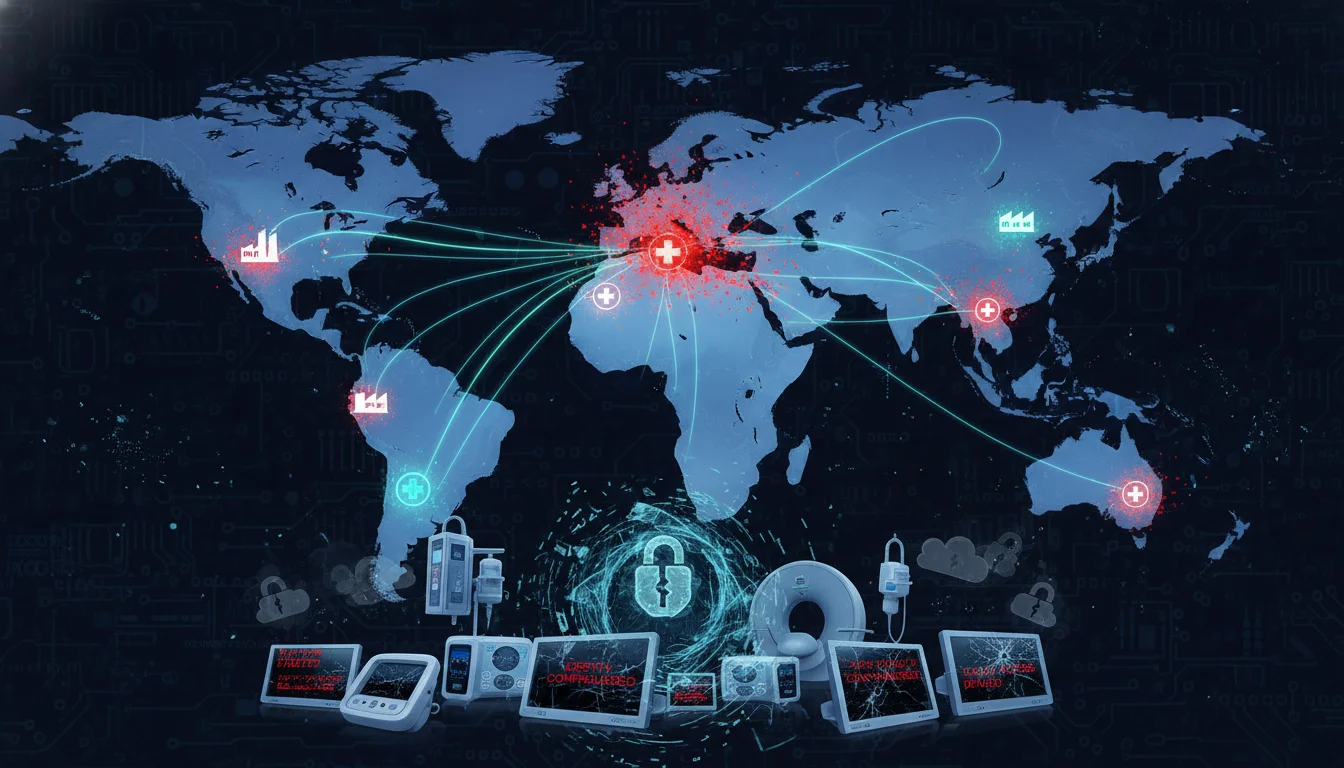 A digital art image showing the global reach of a cyberattack. Visualize a world map with interconnected data streams, some turning red and fracturing around key industrial hubs and medical facilities, specifically highlighting a location in Ireland. Digital representations of medical devices are shown in disarray, symbolizing a widespread systemic halt due to compromised cloud identity management.