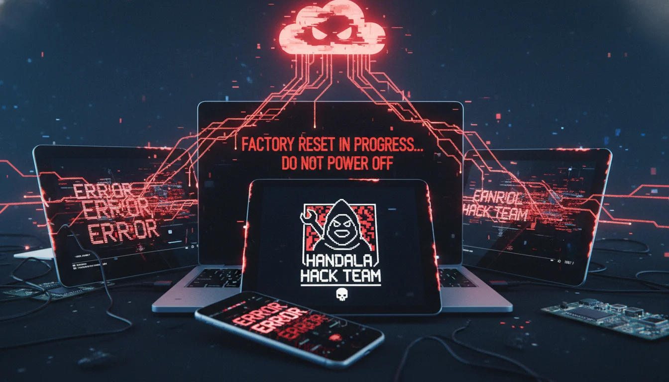 A close-up, stark image of multiple digital screens, including a laptop, a tablet, and a smartphone, all displaying error messages, a 'factory reset in progress' screen, or a malicious 'Handala Hack Team' logo. Show digital red lines or streams emanating from a stylized cloud icon, signifying remote malicious commands, impacting these devices simultaneously. The aesthetic should be modern, tech-focused, and convey destruction.