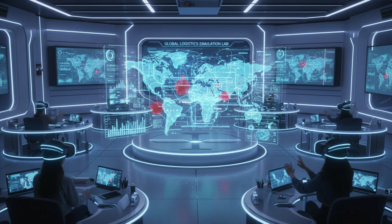A professional interactive workspace featuring students wearing VR headsets as they navigate a vibrant 3D holographic 'Supply Chain Escape Room,' glowing red nodes representing disruptions like port closures, and real-time data visualizations of routing logic, high-tech academic lab setting, sleek aesthetics.