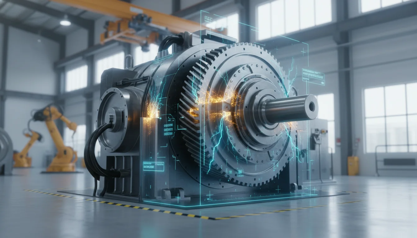 A cinematic high-resolution photograph of a massive industrial gearbox inside a clean factory environment, overlaid with a digital blue-and-gold heatmap representing acoustic emission data, microscopic cracks being highlighted by AI diagnostic software, signifying advanced predictive maintenance.
