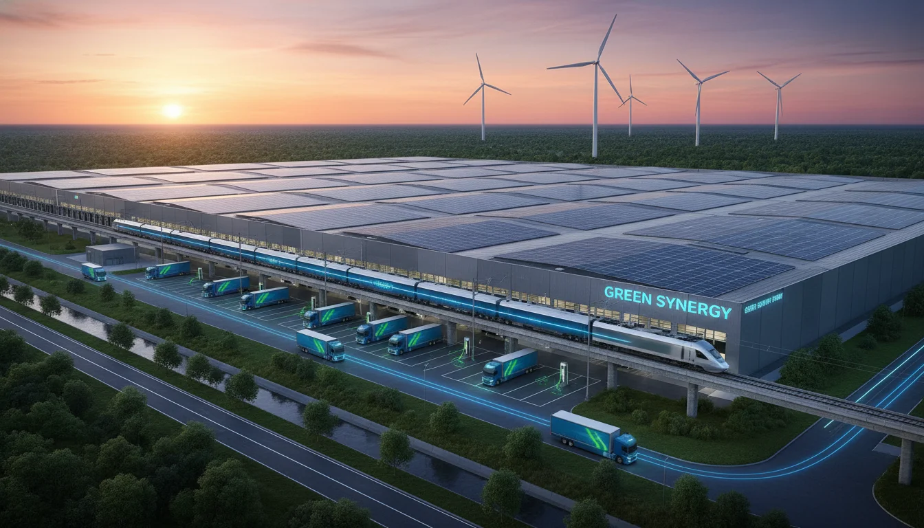 A modern, eco-friendly logistics hub at sunset, featuring an electrified freight train and electric trucks. The facility is equipped with high-tech photovoltaic panels on the roofs and wind turbines in the background. The scene represents 'green synergy' and decarbonized supply chain corridors, with a professional and sustainable look.