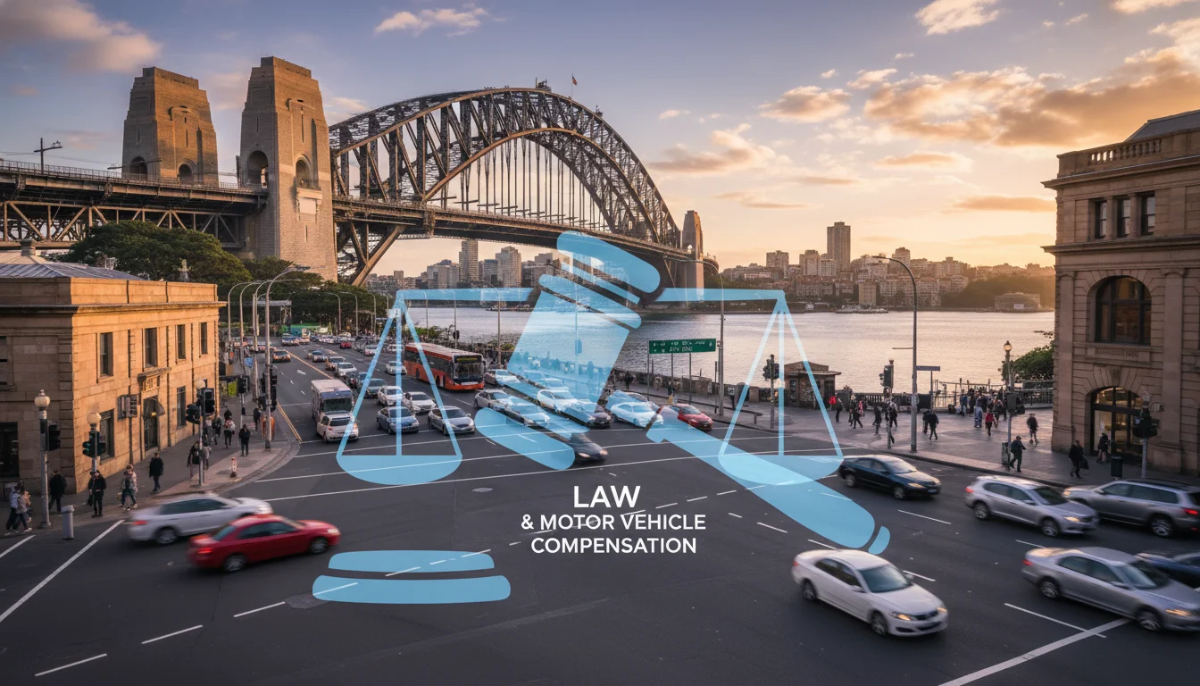 A high-resolution professional photo of a busy Sydney intersection featuring the Sydney Harbour Bridge in the distance, with a subtle overlay of a legal gavel and the scales of justice, representing law and motor vehicle compensation.