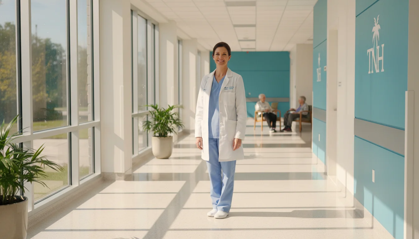 A cinematic, high-quality photograph of a caregiver in a bright, modern Tampa nursing facility hallway, sunlight streaming through large windows, symbolizing a clean clinical environment, photorealistic style.