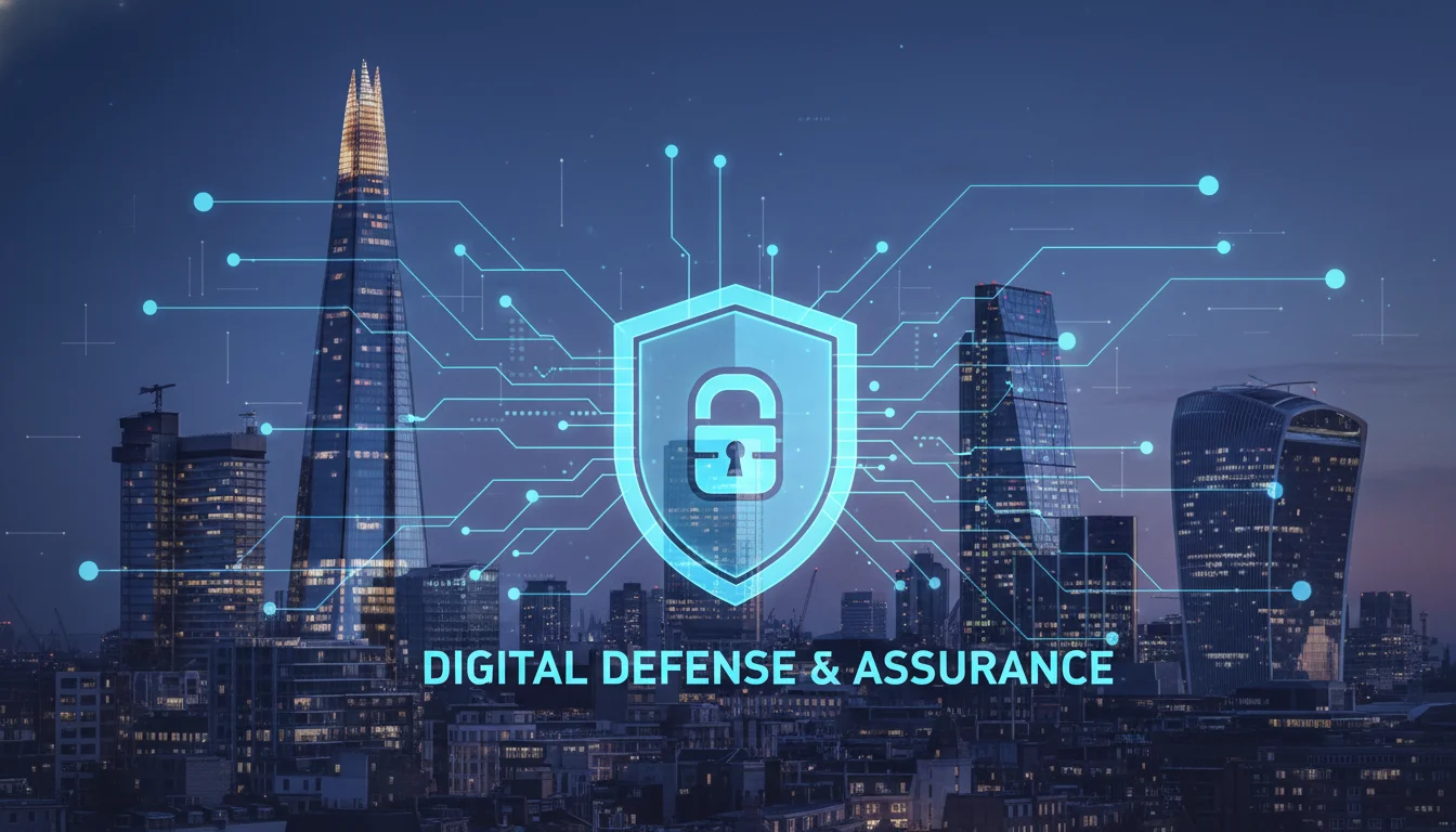 A professional digital illustration of the London skyline, featuring the Shard and the City of London, overlaid with glowing blue circuit lines and a translucent shield icon symbolizing digital protection and insurance. High-tech, corporate, and sophisticated aesthetic.