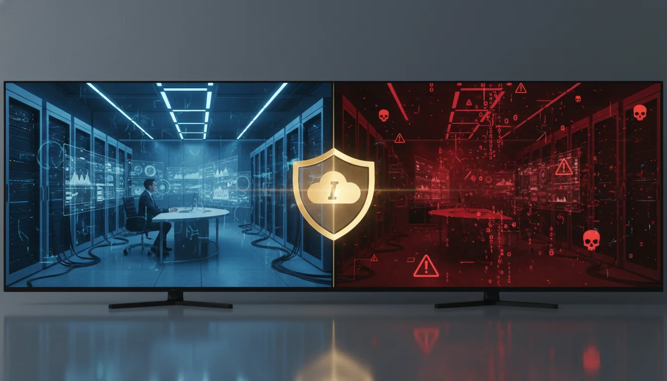 A high-tech digital split-screen concept. On one side, a professional workspace with a server rack glowing blue, representing stable cloud infrastructure. On the other side, a dark, stylized representation of a data breach with red warning symbols and binary code fragments falling. In the center, a golden insurance shield unites the two sides. Sleek, corporate, and photorealistic style.