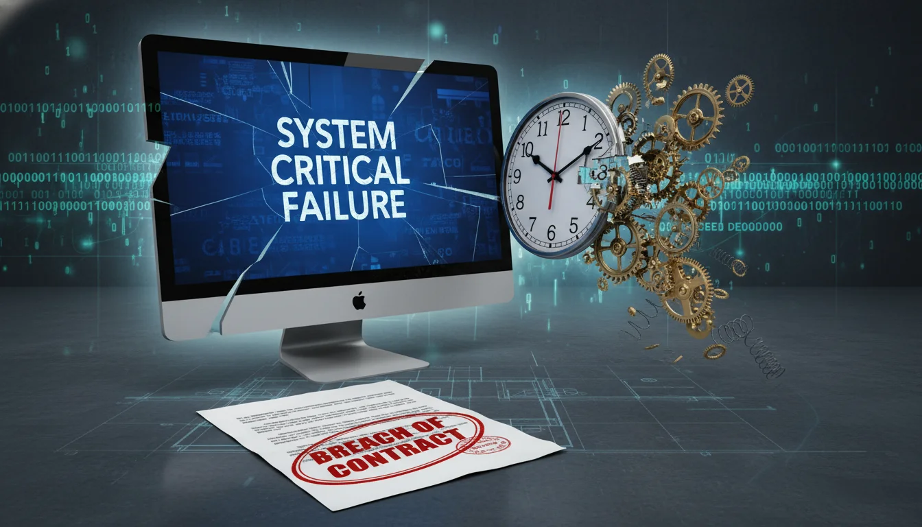 A detailed 3D digital illustration of a variety of technical issues: a cracked computer screen showing a 'System Critical Failure' error, a document with 'Breach of Contract' stamped in red, and a clock with gears falling out to represent missed deadlines, set against a background of digital binary code and blueprint lines, professional and corporate style.