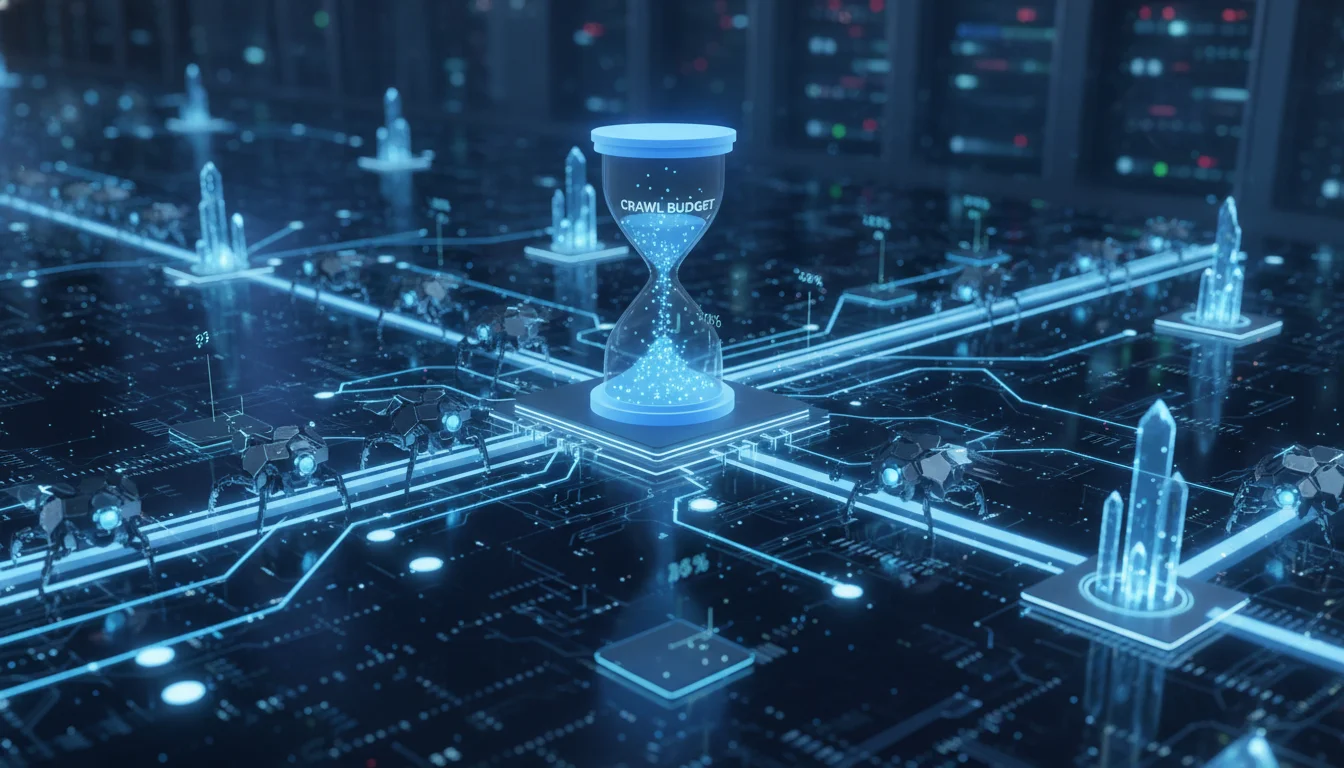 Conceptual illustration of Googlebot crawlers efficiently navigating a complex website's server infrastructure, depicted as a network of glowing data pathways and nodes, with a visual representation of 'crawl budget' as a limited resource being allocated. Dark, tech-blue aesthetic, emphasizing digital efficiency and resource management.