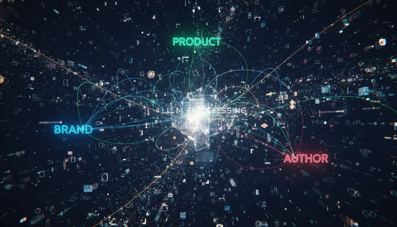 Abstract visualization of semantic vectorization, showing distinct entities (like 'brand', 'product', 'author') as glowing nodes in a complex 3D network, with lines representing mathematical relationships and data flowing between them, as processed by a large language model. Modern, sophisticated, AI-driven aesthetic, emphasizing interconnected concepts and data transformation.
