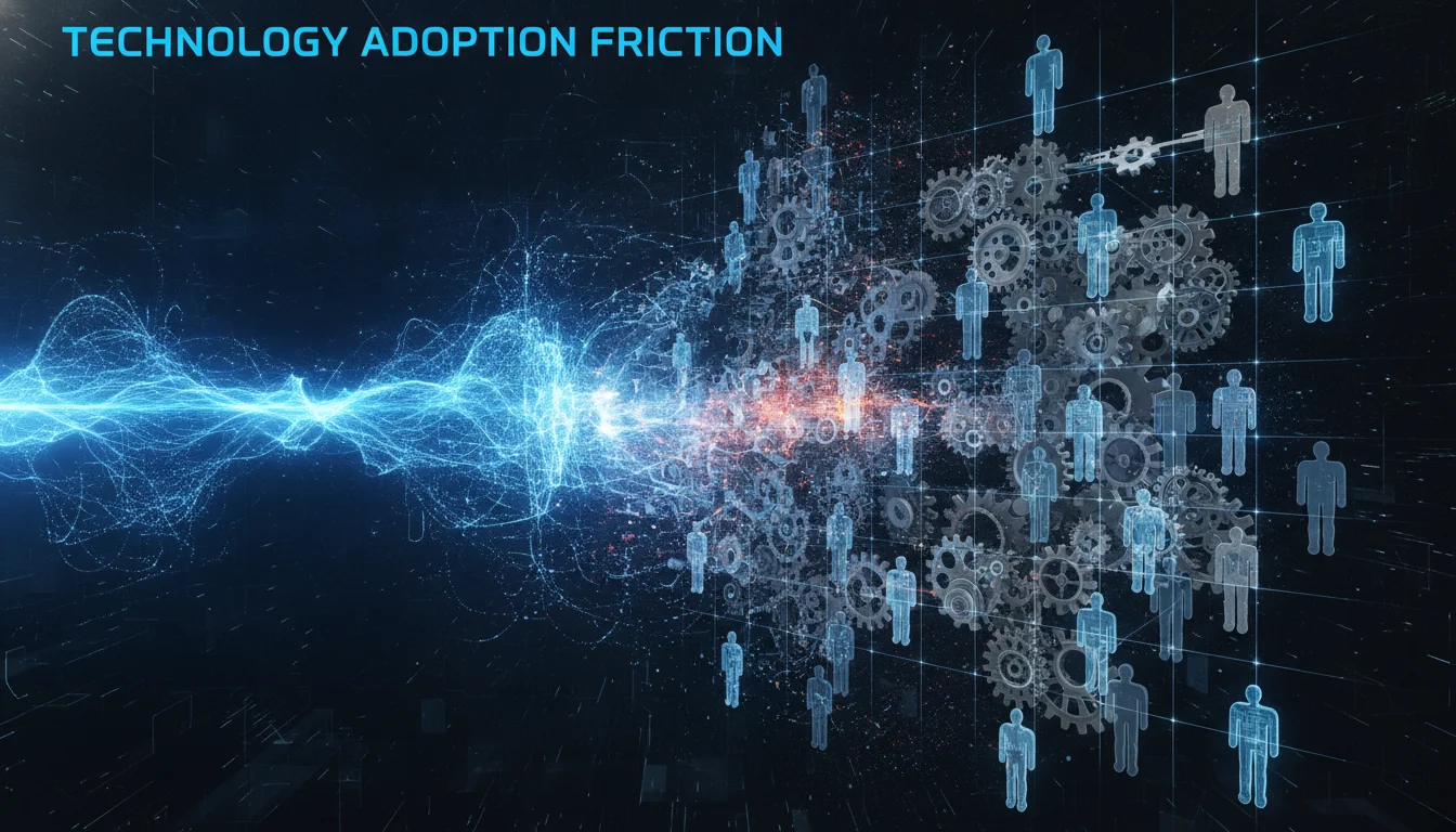 A conceptual 3D visualization of a digital blue glow interacting with a complex organizational grid of human figures and gear systems, representing the friction of technology adoption.