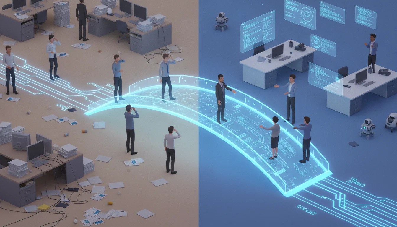 A conceptual 3D illustration of a diverse group of office workers standing around a glowing digital bridge that connects a cluttered, paper-filled office to a clean, data-driven futuristic workspace, highlighting the transition and psychological gap.