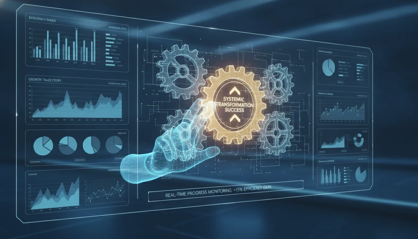 A high-tech digital dashboard showing complex organizational metrics with a 3D overlay of a human hand interacting with a gear system, where one gear is glowing gold representing a 'success' outcome in a systemic transformation.