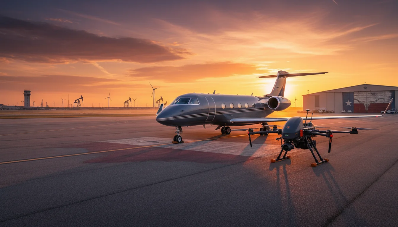 A professional wide-angle shot of a sleek private jet and a commercial industrial drone on a tarmac at a Texas airport during a golden hour sunset, with subtle Texas flag elements in the background.