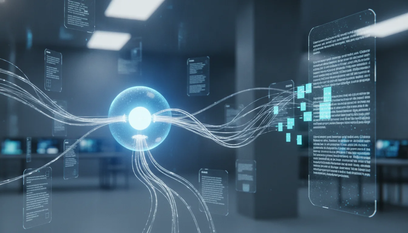 A futuristic visualization of Retrieval-Augmented Generation (RAG) at work. A central glowing AI core is reaching out with digital tendrils to 'pull' specific, relevant blocks of text from diverse floating digital documents. The extracted blocks are being woven together into a single, cohesive narrative panel. High-tech, minimalist aesthetic, depth of field effects, soft laboratory lighting.