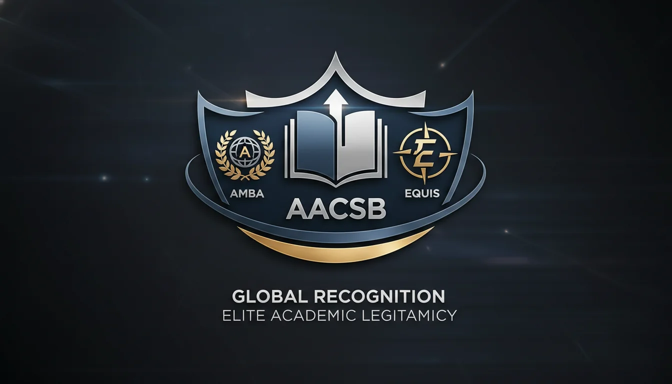 A visually compelling graphic illustrating the 'Triple Crown' of business school accreditation (AACSB, AMBA, EQUIS) as three distinct, interconnected symbols forming a crown or shield, conveying global recognition, elite quality, and strong academic legitimacy. Professional, modern design.