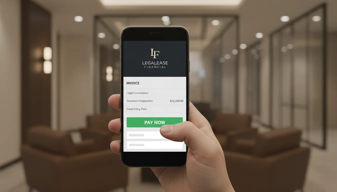 A close-up shot of a client's hand using a sleek smartphone to tap a 'Pay Now' button on a legal invoice; the screen shows a secure, modern payment portal with a firm logo, professional atmosphere, soft bokeh background of a high-end corporate lounge, high-resolution photography.