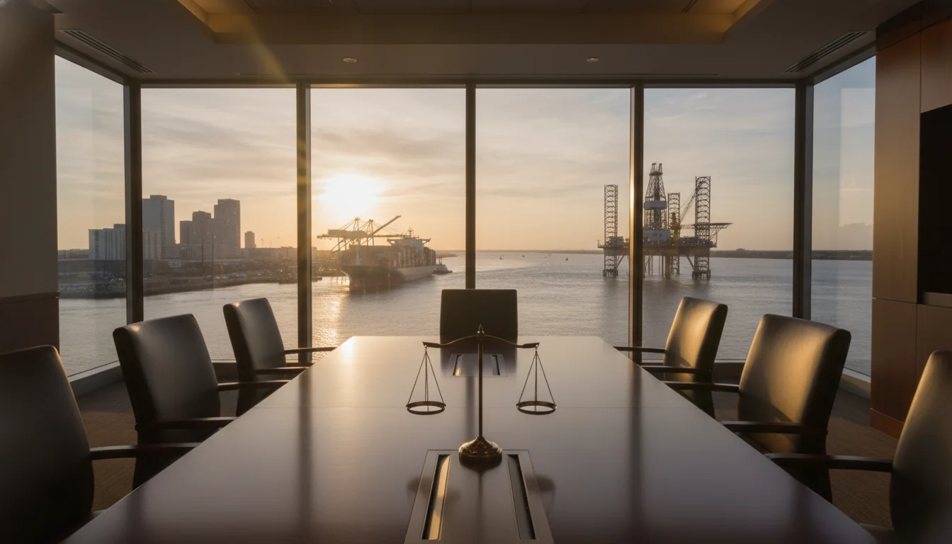 A professional legal setting overlooking the Port of New Orleans with a large container ship and offshore drilling rig in the background, cinematic lighting, 8k resolution, legal scales of justice icon subtly integrated.