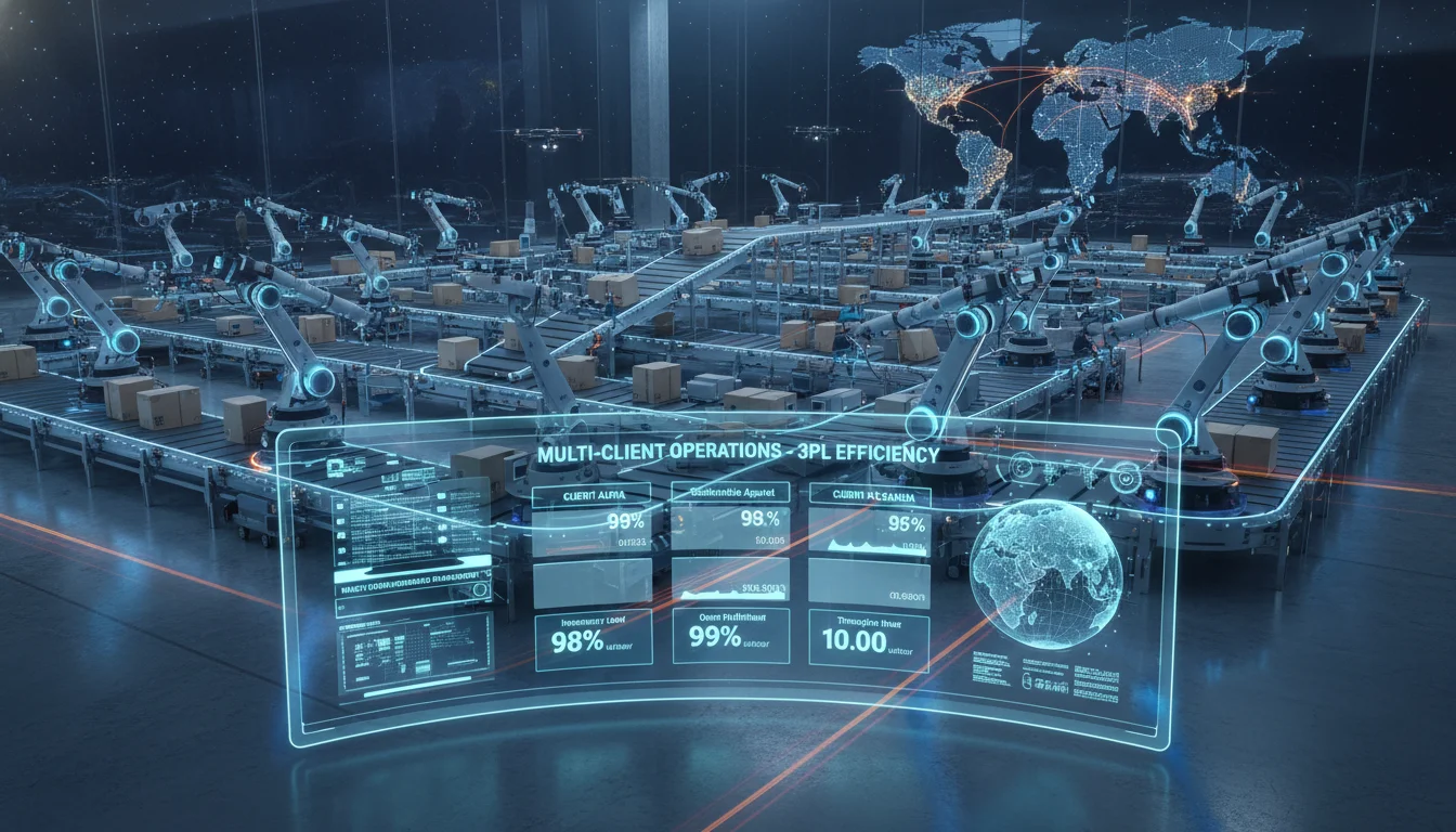 A futuristic logistics hub with robotic arms, automated conveyor belts, and a large digital interface displaying a Warehouse Management System (WMS) dashboard. The scene should convey multi-client management and efficiency for 3PL providers, with a global supply chain map subtly in the background. High-tech and dynamic.