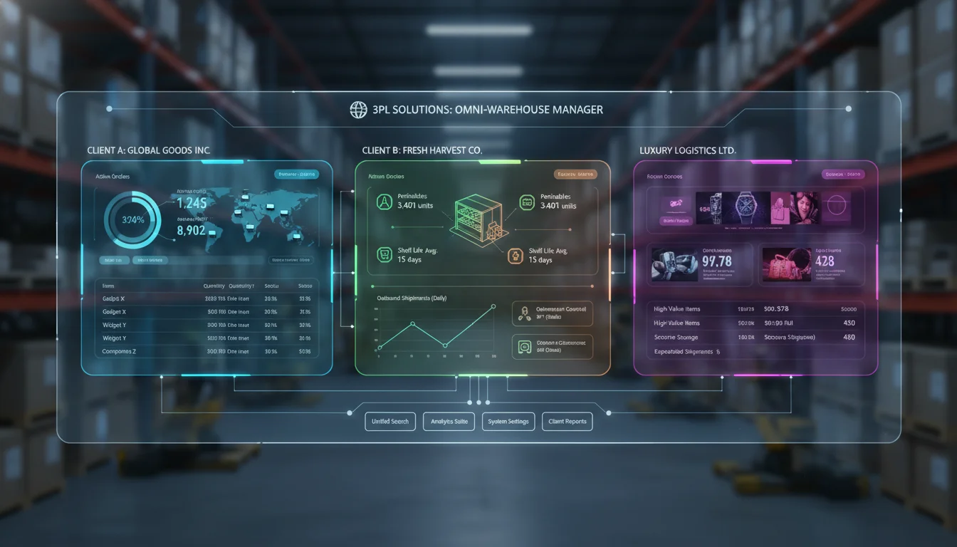 A digital interface showcasing a multi-tenant WMS dashboard, with distinct sections or color-coding representing different client data and inventory, yet all managed from a single, unified screen. Futuristic, clean UI, emphasizing data segregation and efficient management for a 3PL provider.