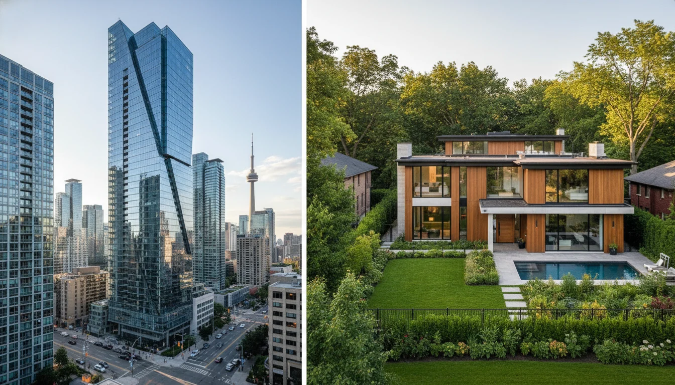 A professional architectural split-screen photograph showing a modern glass skyscraper in downtown Toronto on one side and a luxury detached family home in a lush suburban neighborhood on the other, balanced lighting, high dynamic range, 8k resolution.