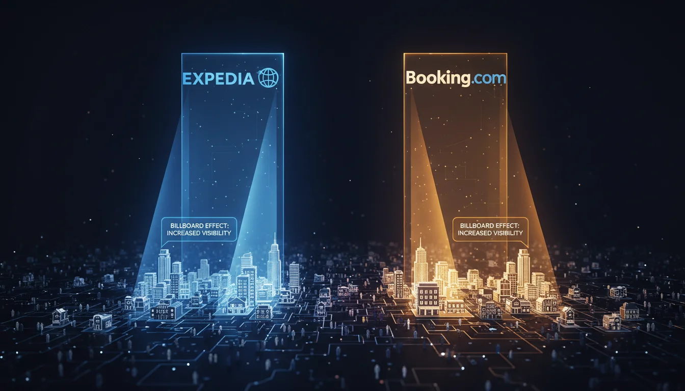 A visual representation of a duopoly in the online travel agency market, with two giants, Expedia and Booking.com, standing tall over a landscape of smaller hotels and travelers. Show a 'billboard effect' where hotels gain visibility, perhaps with light beams from the OTAs highlighting hotel icons. Modern, digital, infographic style.