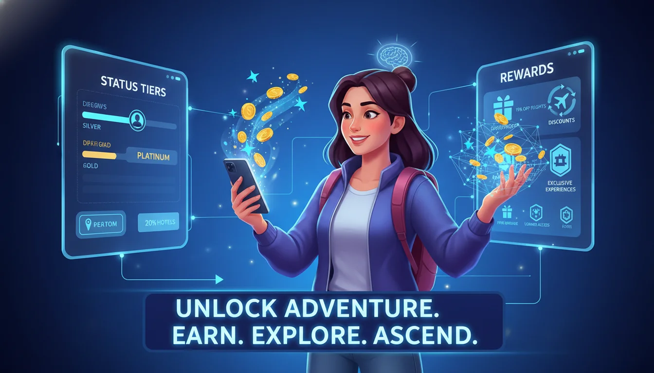 Illustrate the concept of gamified loyalty programs in online travel. Show a person collecting digital coins or points, with a background displaying elements like 'status tiers,' 'discounts,' and 'rewards' on stylized screens. Emphasize the psychological aspect of collecting and achieving.