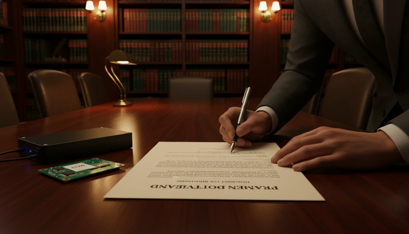 A professional legal setting featuring a wooden conference table. In the foreground, an official 'Preservation Demand' document is being signed by an attorney using a high-end fountain pen. Next to the document lies an external hard drive and a small electronic circuit board labeled 'ECM'. The background shows a shelf of legal leather-bound books, moody and prestigious office lighting.