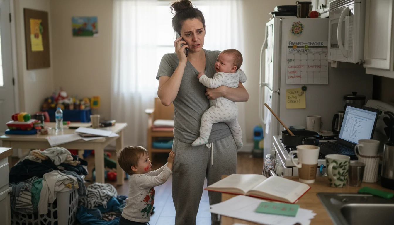 An overwhelmed parent, looking exhausted and stressed, juggling multiple responsibilities in a home environment, subtly hinting at general, single, or default parent burnout.