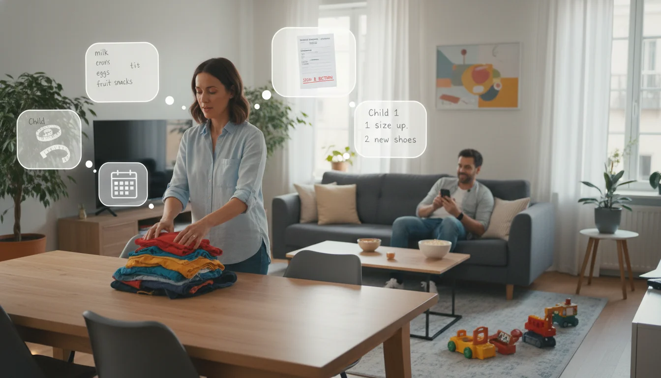 A woman (the default parent) with multiple transparent thought bubbles or layers around her head, each containing a different household task or child-related reminder (e.g., grocery list, school permission slip, doctor's appointment, child's clothing size). She is performing a physical task like folding laundry, while her male partner is nearby, seemingly relaxed on a couch, looking at a phone or TV, oblivious to her immense mental load. The setting is a bright, modern family home, emphasizing the contrast in their experiences.