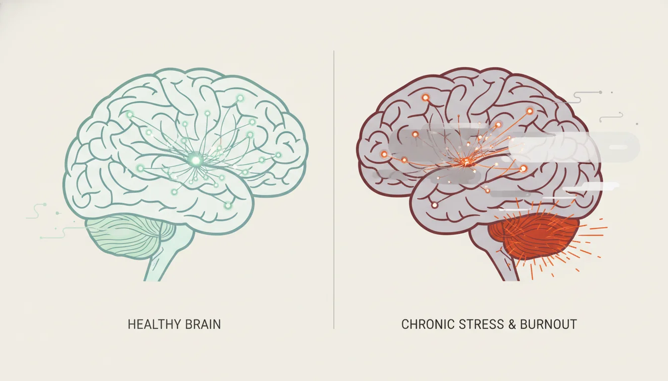 A minimalist illustration showing the effects of chronic stress on the human brain. One side depicts a healthy brain with balanced activity, and the other side shows a brain affected by burnout, with areas related to executive function looking depleted or clouded, and the amygdala appearing enlarged or hyperactive. Use subtle, abstract visual elements to convey stress and depletion, with a clean, professional aesthetic.