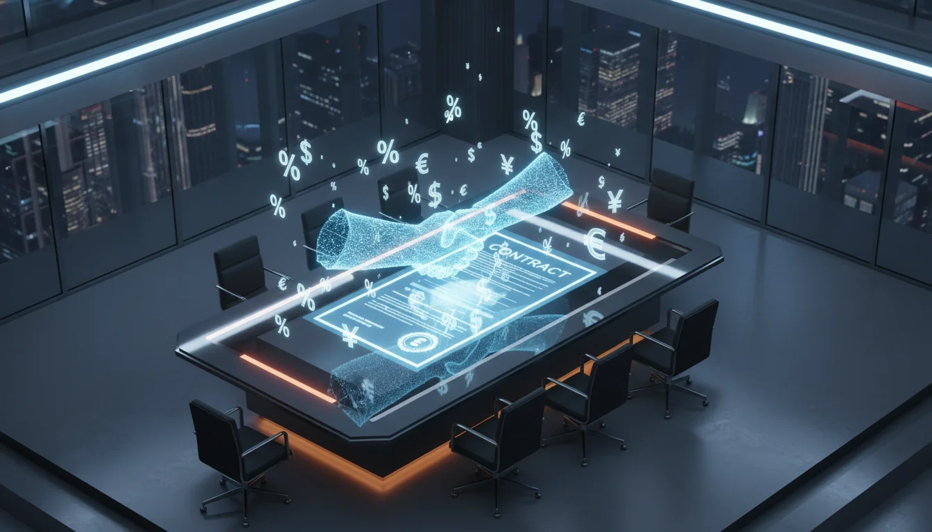 A professional 3D isometric scene of a high-tech boardroom table where two holographic hands are shaking over a glowing digital contract, symbols of percentage signs and currency icons floating nearby, cinematic lighting, corporate aesthetic.
