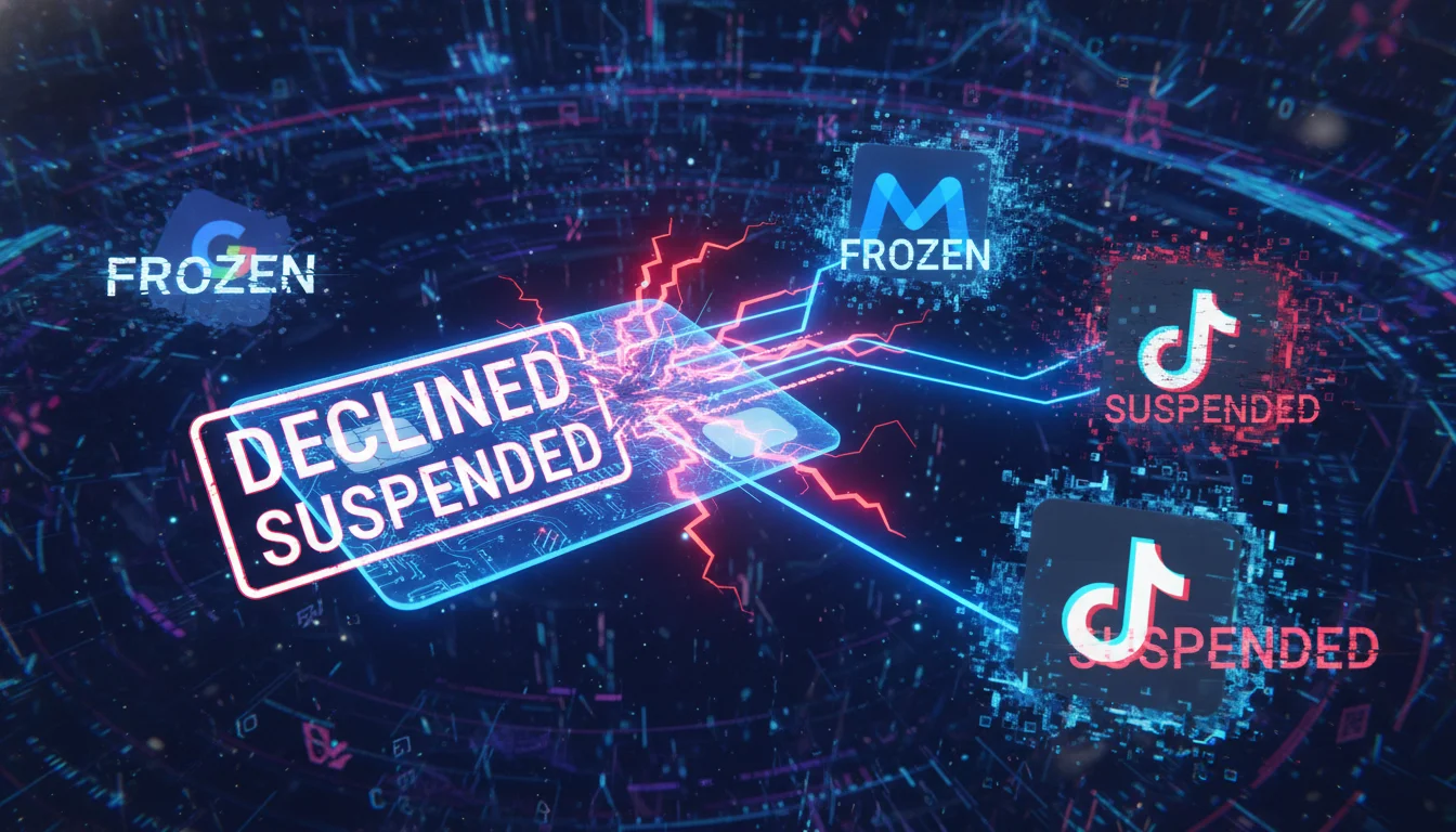 A visual representation of a "cascading ban" effect in digital advertising. Show a single physical credit card connected to multiple advertising accounts (Google Ads, Meta, TikTok icons). One account is flagged with a red "DECLINED" or "SUSPENDED" stamp, and this failure visually propagates, causing other connected ad accounts to also show "SUSPENDED" or "FROZEN" statuses. Emphasize the negative impact and disruption. Futuristic, digital art style.