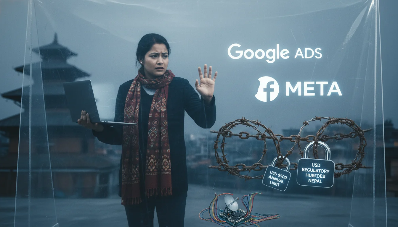 A visual metaphor depicting the severe capital controls and financial isolation faced by digital marketers in frontier markets like Nepal. Show a digital marketer (perhaps with a laptop or phone) behind a transparent but impenetrable wall, trying to reach out to global advertising platforms (Google Ads, Meta logos) that are just beyond their grasp. Barricades or symbolic chains represent the $500 annual limit and regulatory hurdles. Emphasize frustration and the "quarantined" feeling, with a subtle hint of ingenuity trying to find a workaround. Realistic but with a stark, impactful tone.