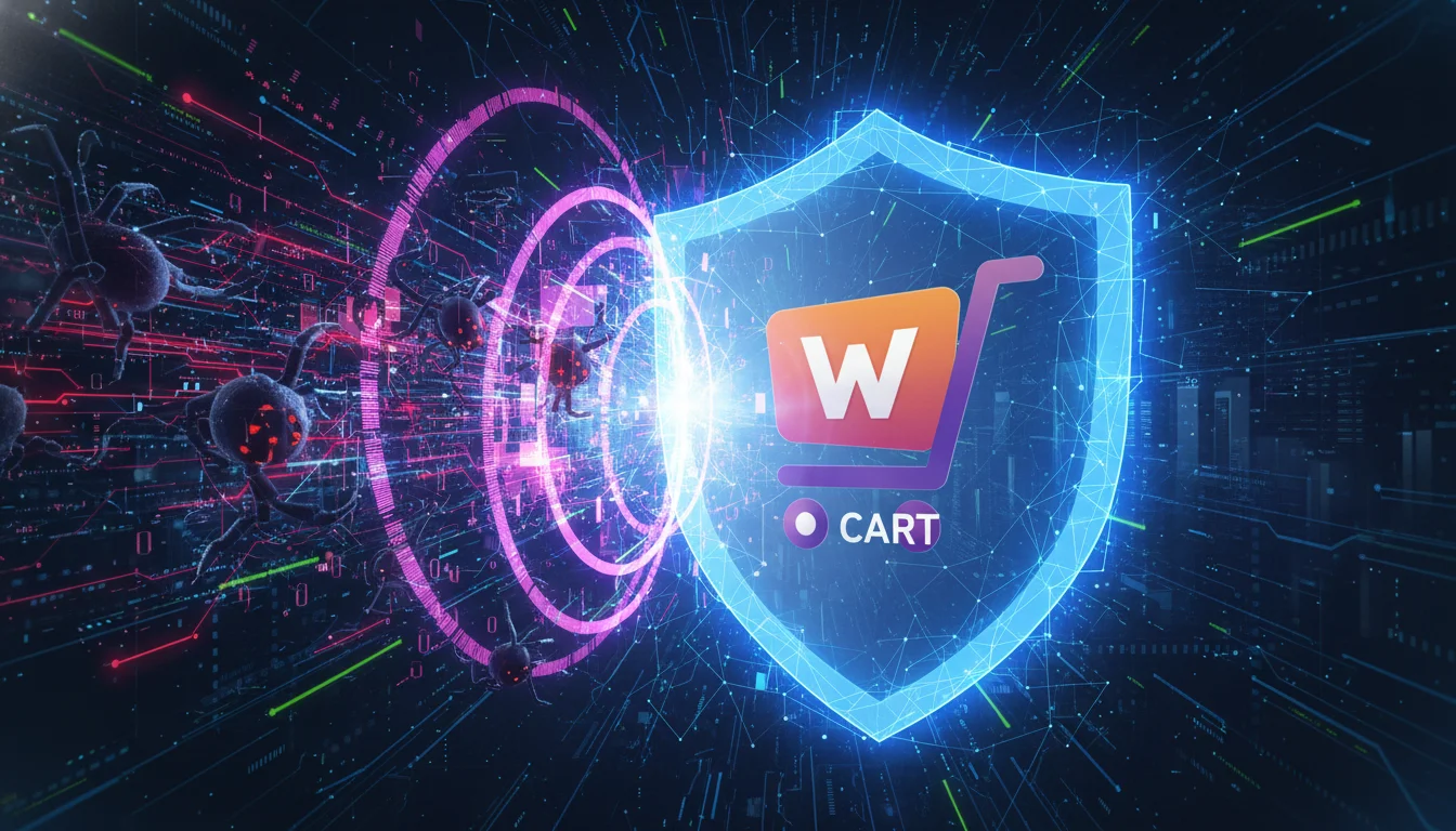An abstract visual representation of a shield protecting a WooCommerce shopping cart from a storm of digital bots and DDoS attack waves, rendered in a modern, cyber-security aesthetic with glowing network lines.