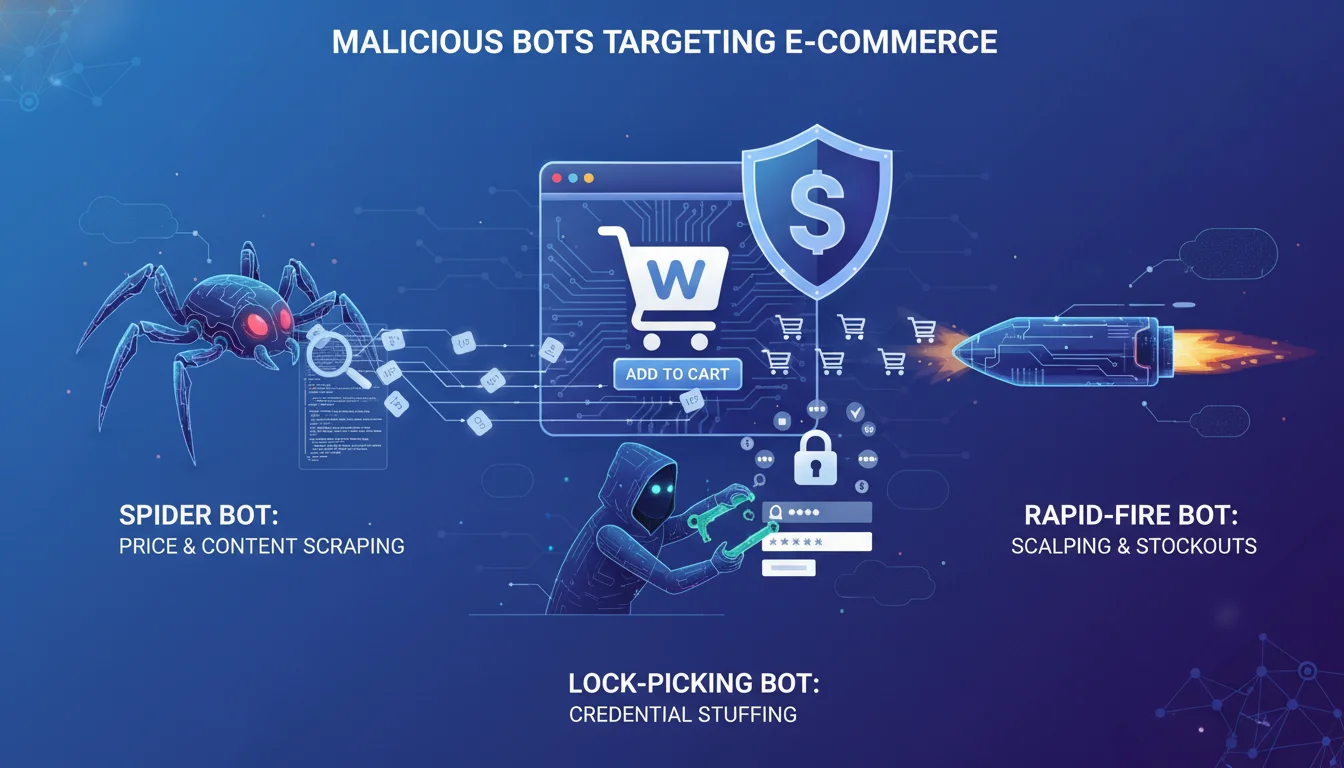 An infographic-style illustration depicting various malicious bots targeting a WooCommerce store, including a spider bot for scraping, a rapid-fire bot for scalping, and a lock-picking bot for credential stuffing, all digitally styled.