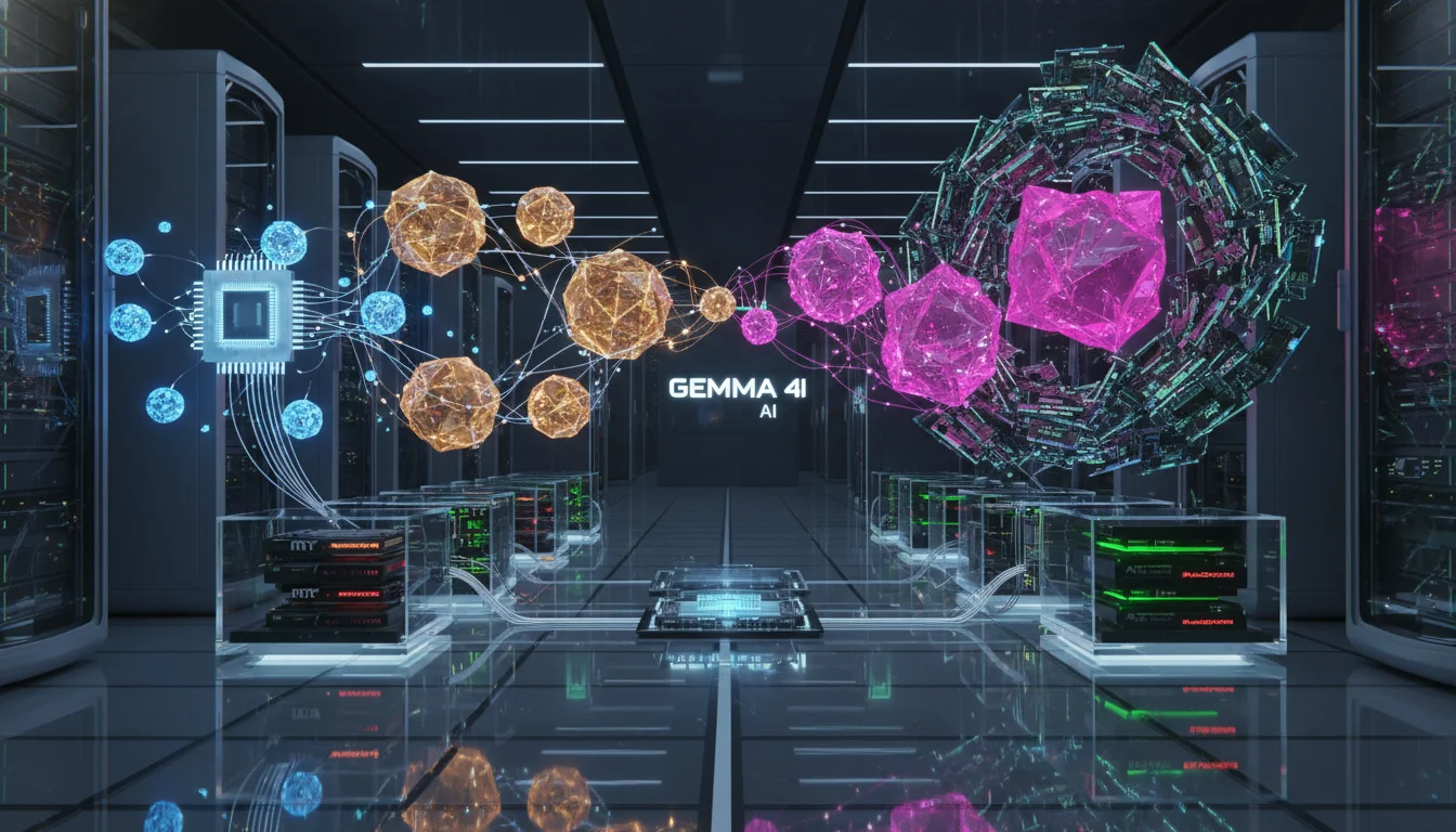 Conceptual image showing various sizes of Gemma 4 AI models (represented by different glowing spheres or cubes) interacting with different hardware components like Apple M-series chips, dedicated GPUs (NVIDIA RTX, AMD Radeon), and traditional RAM modules. Emphasize the scaling of AI models with hardware capabilities in a sleek, futuristic data center or workstation environment.