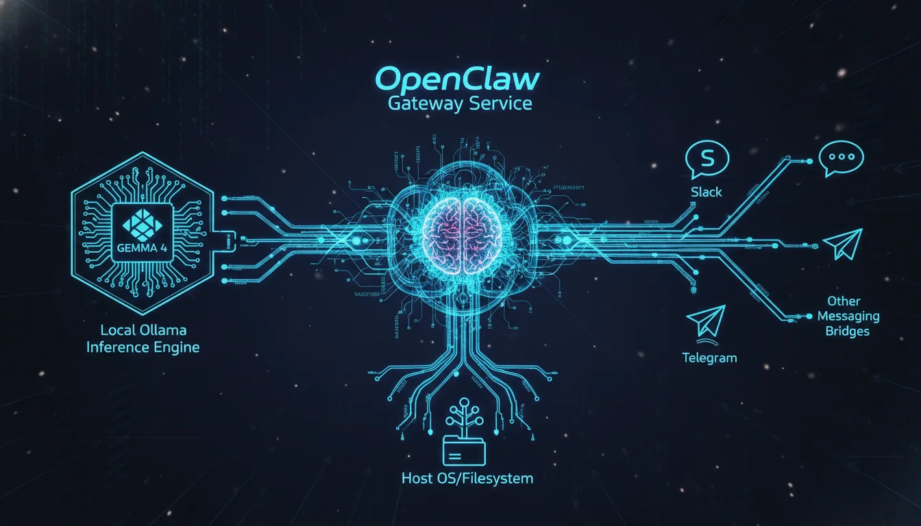 A detailed schematic diagram or abstract representation of the OpenClaw Gateway Service as a central, glowing neural hub. Connectors emanate from the hub to represent the local Ollama inference engine (with a Gemma 4 icon), various messaging bridges (like Slack, Telegram icons), and a generic host operating system/filesystem. The overall aesthetic should be technical, interconnected, and depict information flow.