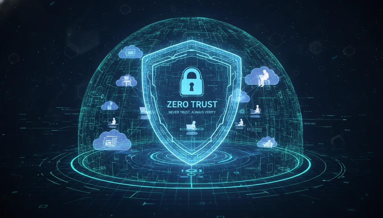 A conceptual image illustrating the 'Zero Trust' principle with a digital lock or shield protecting a scattered network of remote workers and cloud applications. Emphasize security, interconnectedness, and a modern, slightly futuristic digital aesthetic.