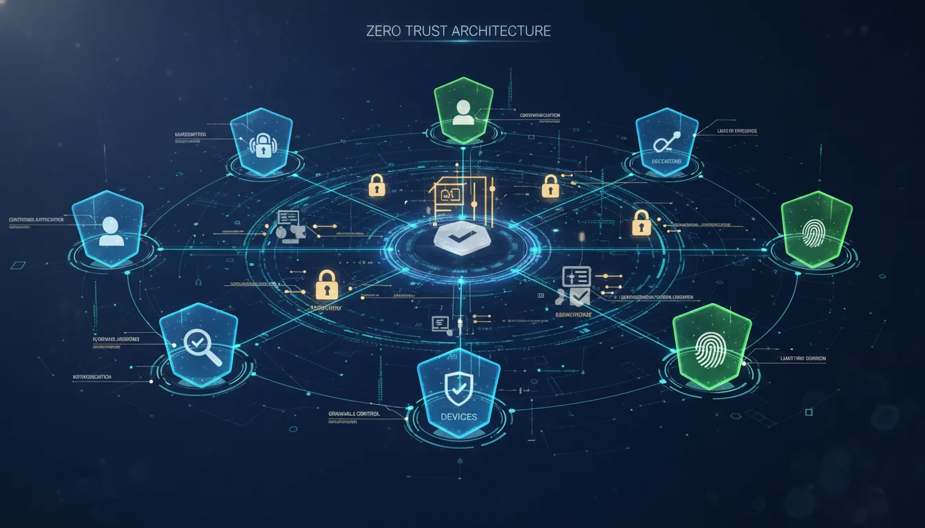 Conceptual image illustrating the foundational principles of Zero Trust Architecture, showing a decentralized network where every user, device, and application is individually protected by a dynamic, context-aware shield, with continuous authentication and authorization symbols flowing between them. Emphasize verification, granular control, and a modern, secure digital environment.
